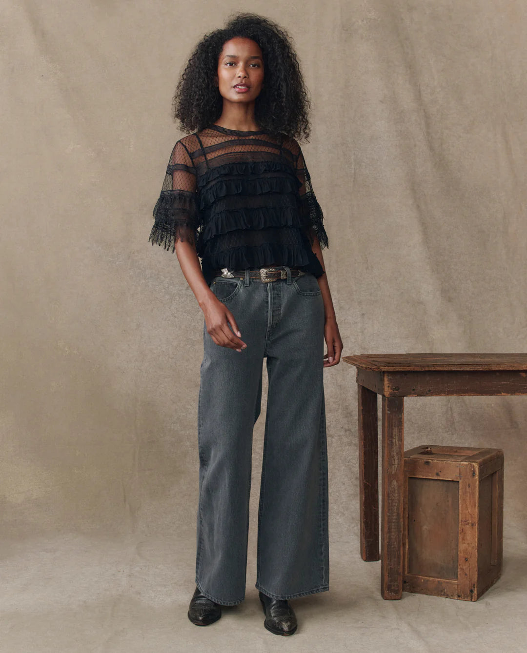 The Great. The Winter Mesh Flounce Top