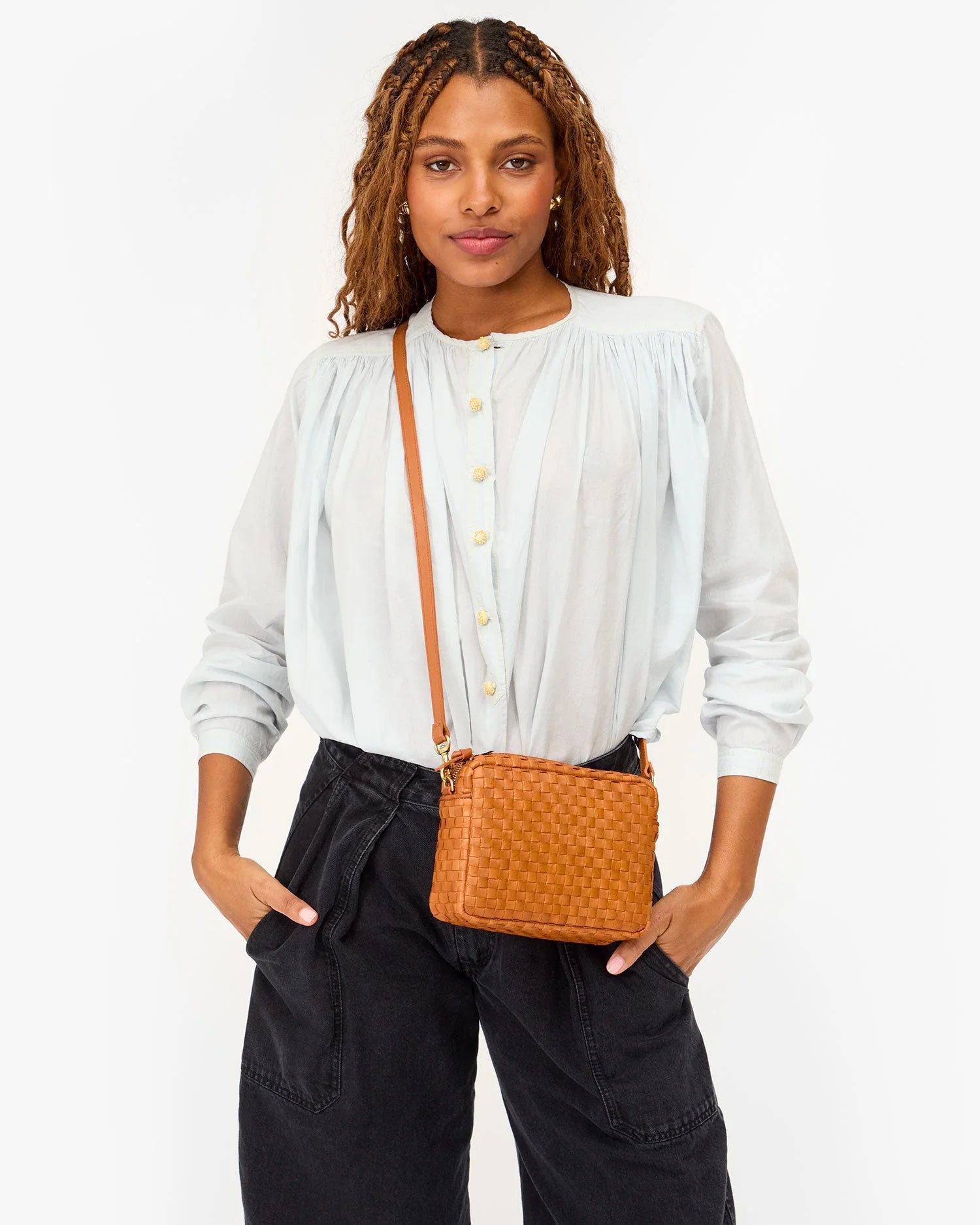 Clare V Midi Sac, natural woven checker