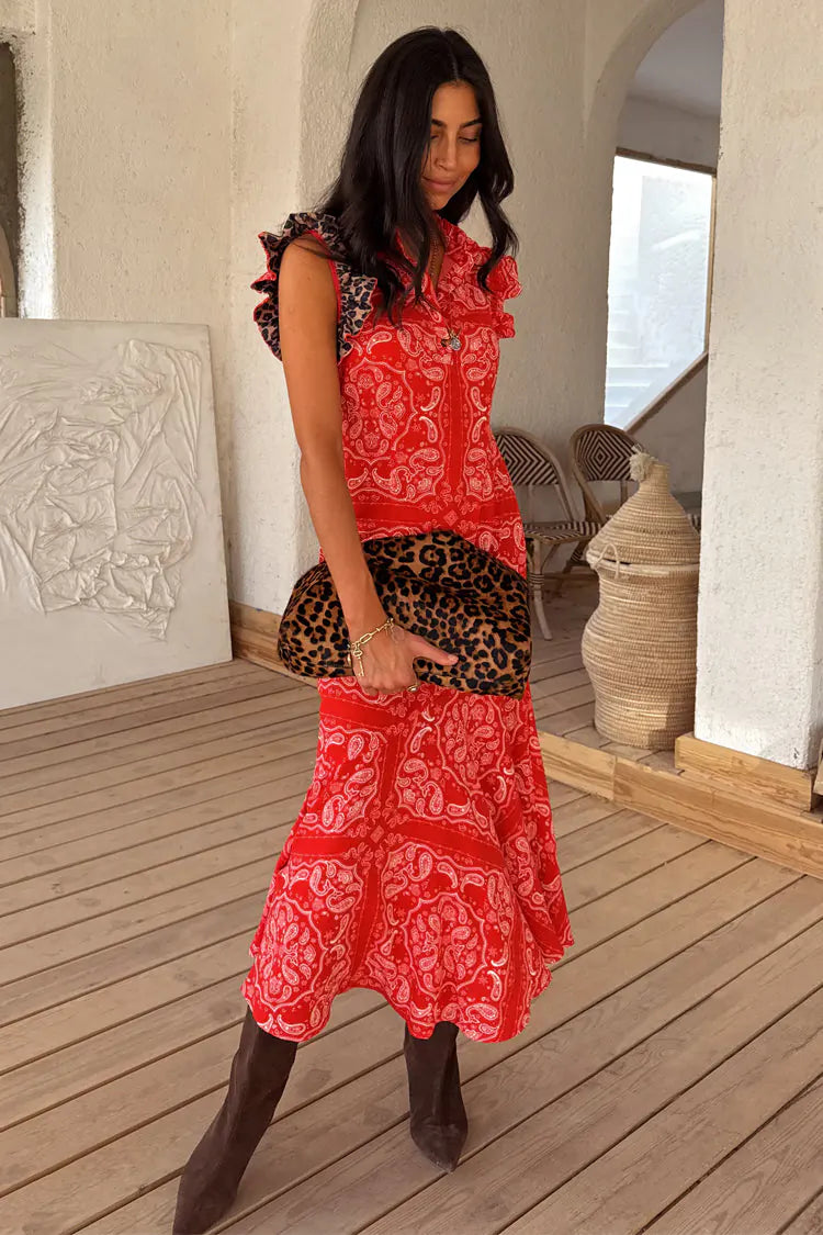 NFD Red Bandana Remi Dress with Leopard Sleeve
