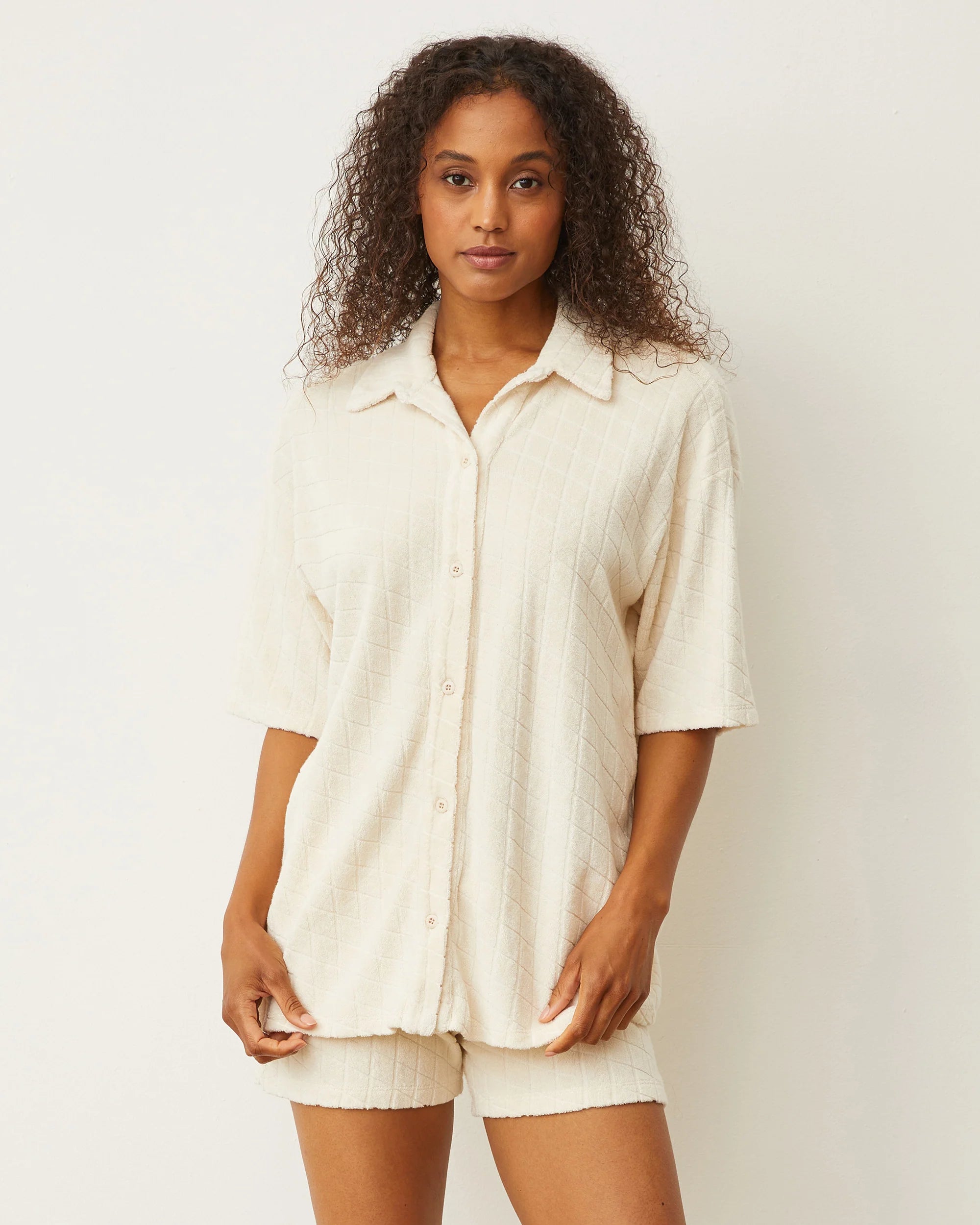 MONROW Diamond Terry Cloth Oversized Shirt, Natural White
