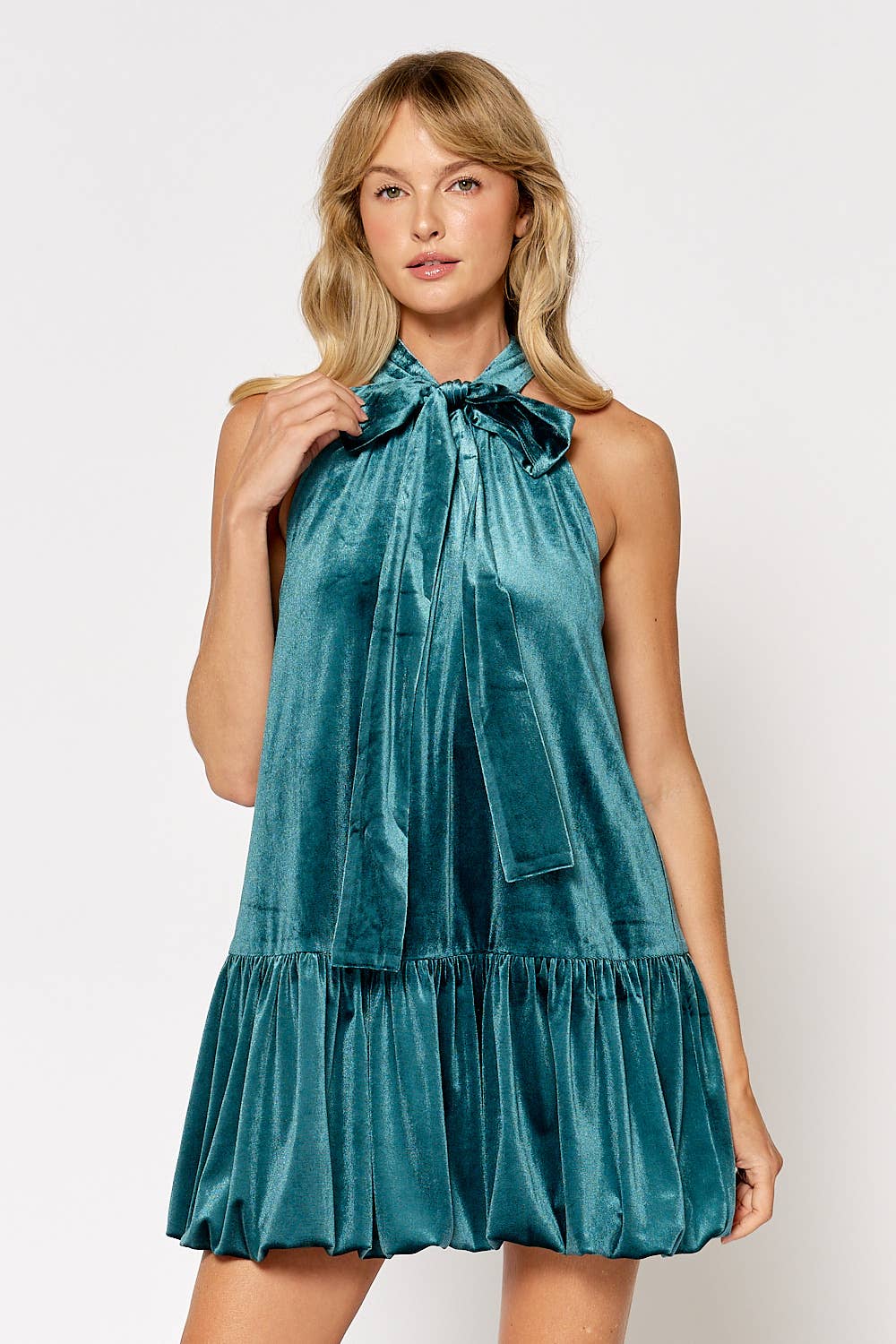 VELVET HALTER BOW TIE BUBBLE HEM MINI DRESS