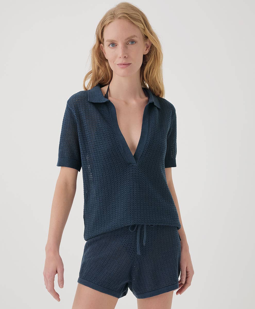 Women's Beachside Linen Crochet Tunic: French Navy