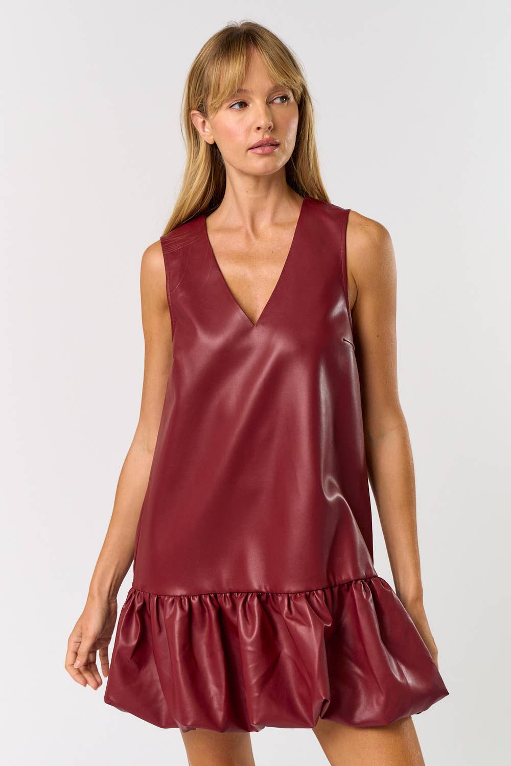 SLEEVELESS FAUX LEATHER BUBBLE MINI DRESS