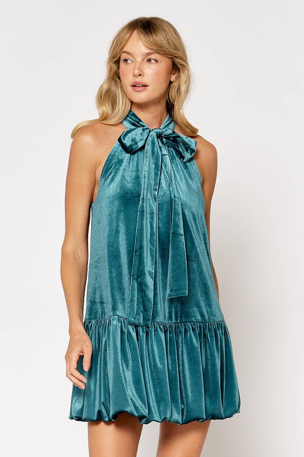 VELVET HALTER BOW TIE BUBBLE HEM MINI DRESS