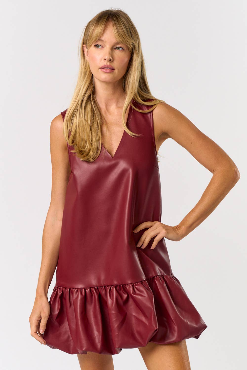 SLEEVELESS FAUX LEATHER BUBBLE MINI DRESS