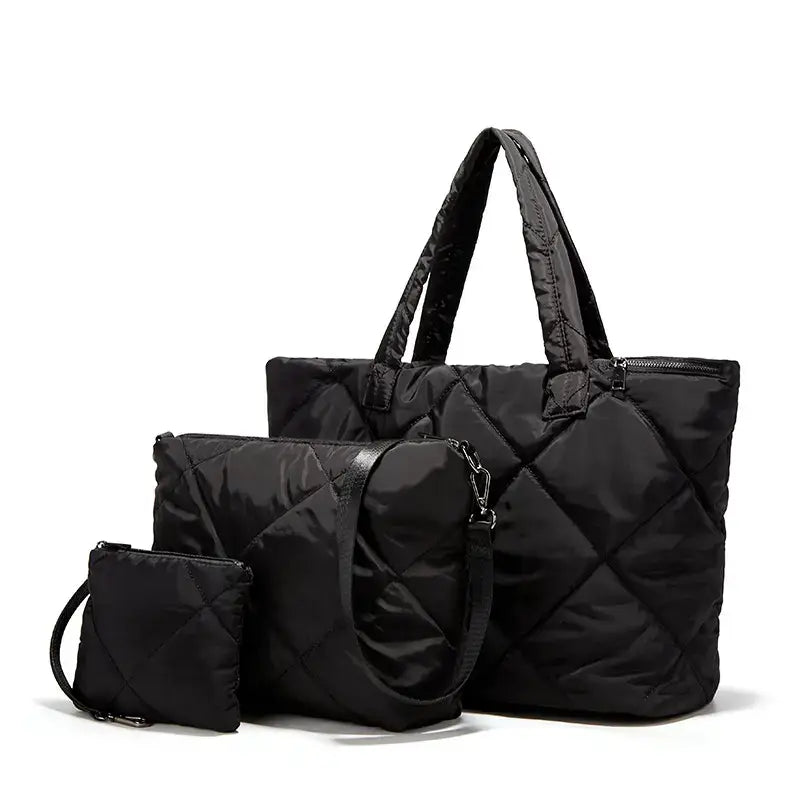 3 PC Puffer Tote Set: BLACK