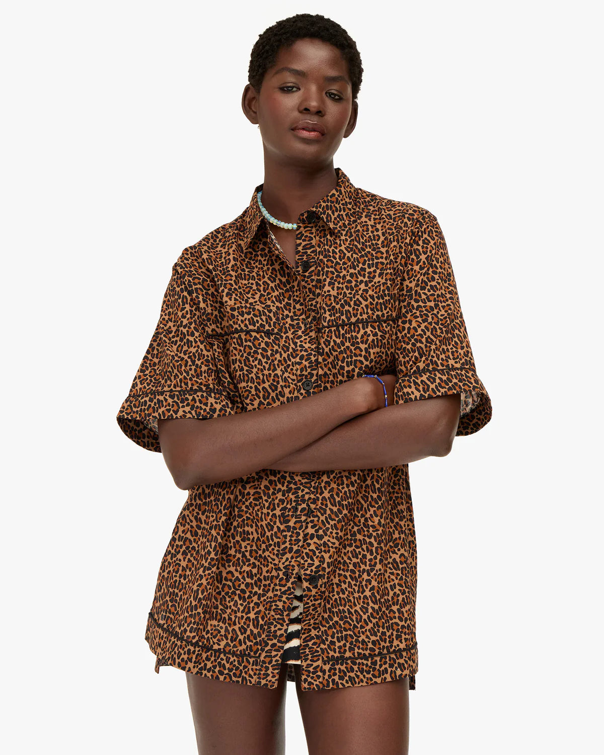 Clare V Jean-Paul Short Sleeve Shirt- Animale Cotton Voile