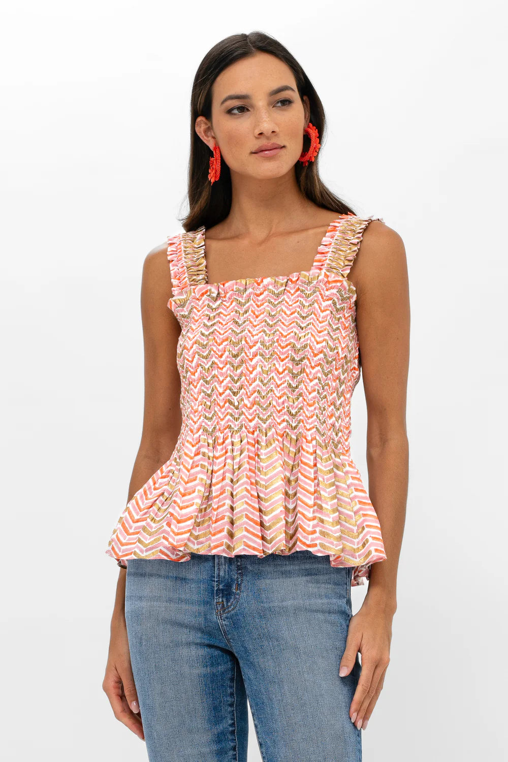 Oliphant Smocked Tank Top, Sonoma Orange