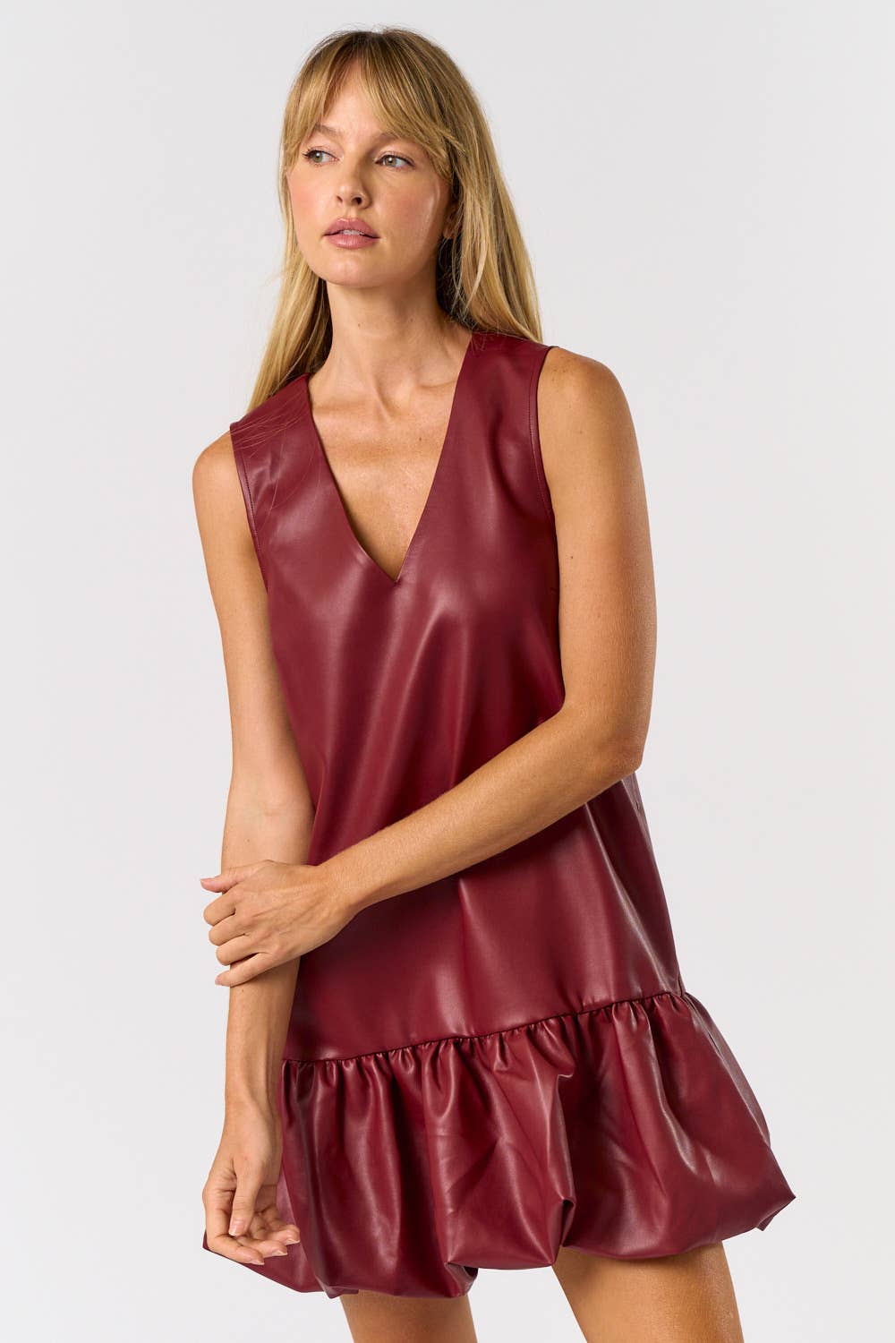 SLEEVELESS FAUX LEATHER BUBBLE MINI DRESS