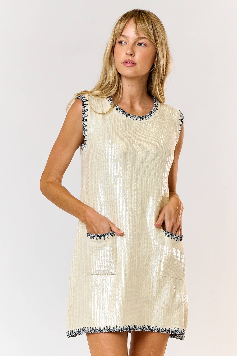 SEQUIN CONTRAST STITCH FRONT POCKET MINI DRESS