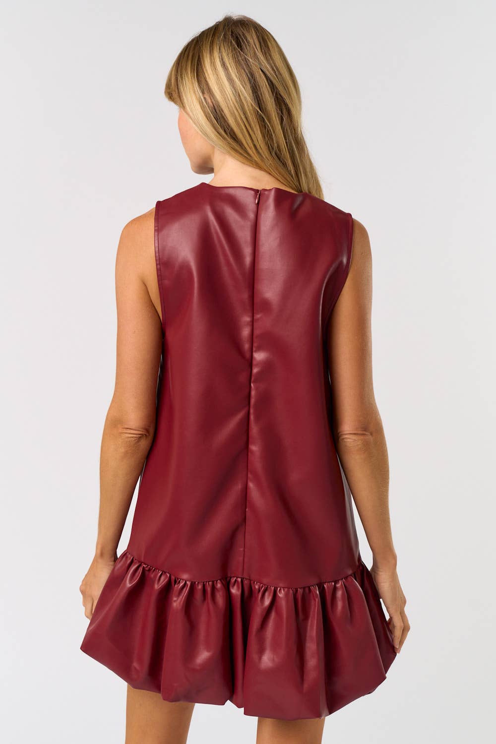 SLEEVELESS FAUX LEATHER BUBBLE MINI DRESS