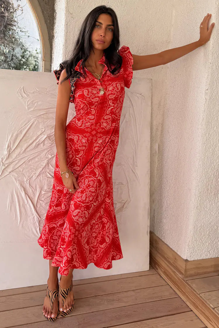 NFD Red Bandana Remi Dress with Leopard Sleeve